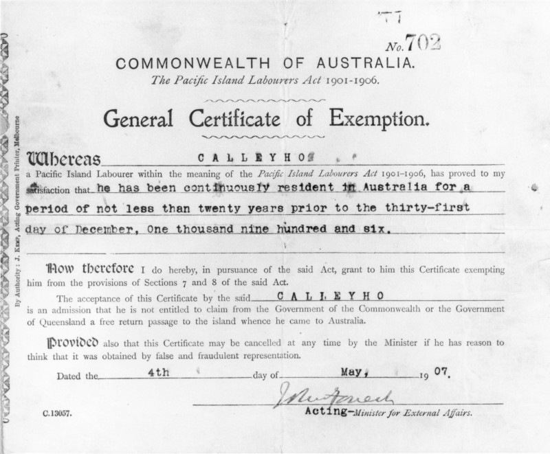 A black and white copy of a Commonwealth of Australia Government form completed with type from a typewriter, dated 4 May 1907.