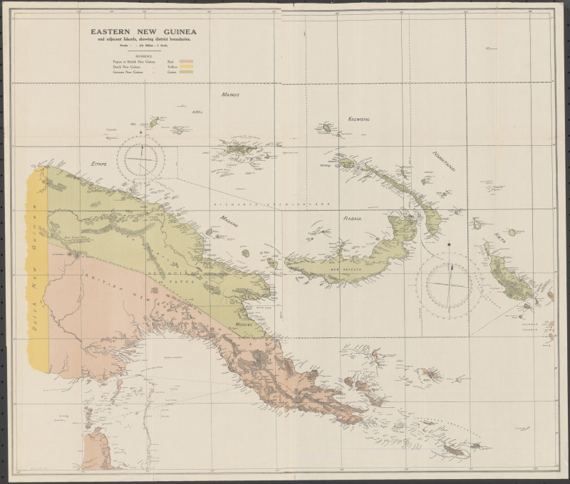 A detailed two-page map of Eastern New Guinea. The lands on the top are mostly green coloured, and the lands at the bottom are mostly red.