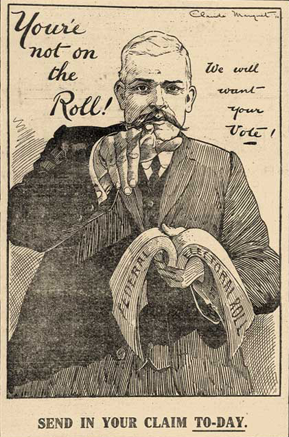 A printed poster of a man in a suit pointing and looking directly at the viewer. He holds an open book with the words ‘Federal electoral roll’ printed.