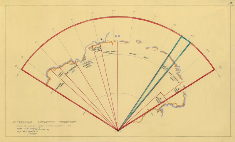 A sepia-coloured map of the Antarctic.