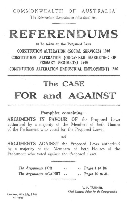 The title page from a pamphlet distributed before the 1946 referendums.