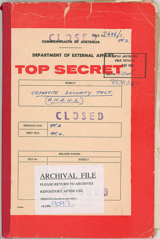 The front cover of a government paper file with a red border. The file is labelled ‘TOP SECRET.’