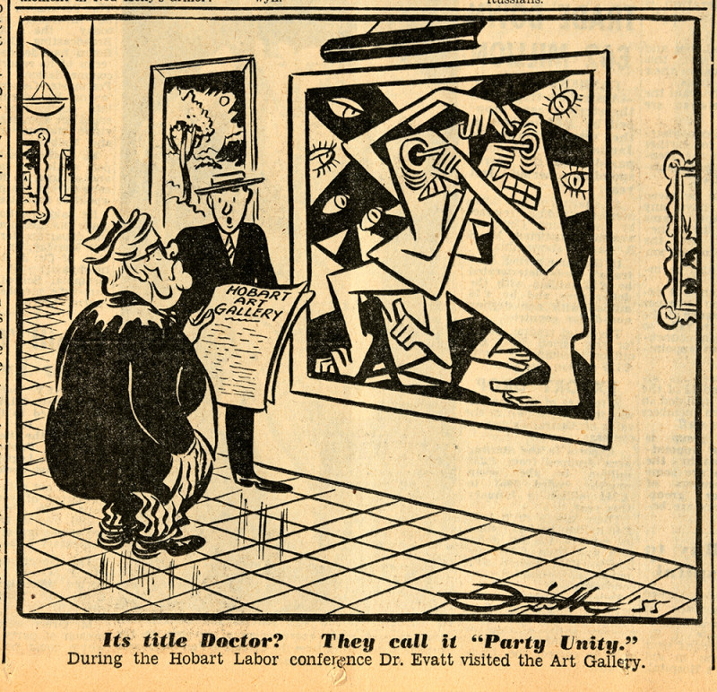 Black and white drawing of two men standing in an art gallery looking at a painting where the distorted figures are poking each other in the eye.