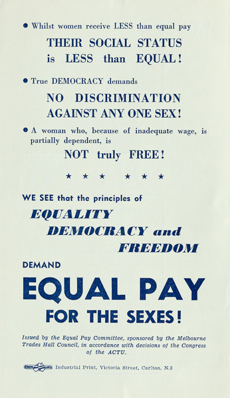 The front cover of a pamphlet that says 'Demand equal pay for the sexes!'