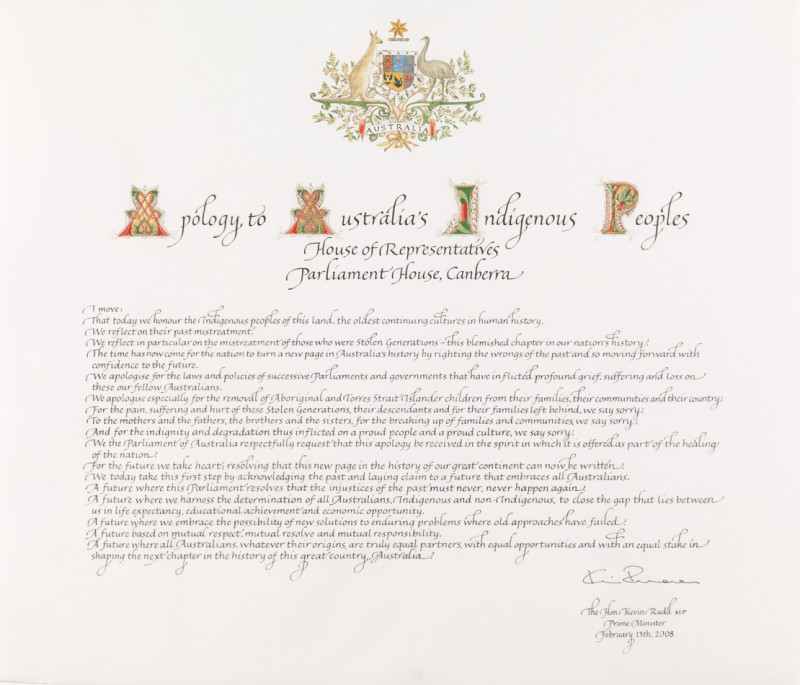 A document written in ink with the Australian coat-of-arms, titled ‘Apology to Australia’s Indigenous Peoples, House of Representatives, Parliament House, Canberra’.