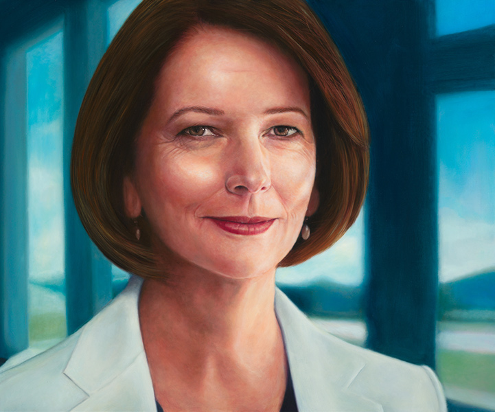 A painting of a woman with short auburn hair wearing a white jacket.