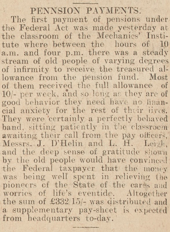 A clipping from the Geelong Advertiser newspaper, 16 July 1909. The article is called 'Pension payments.' 