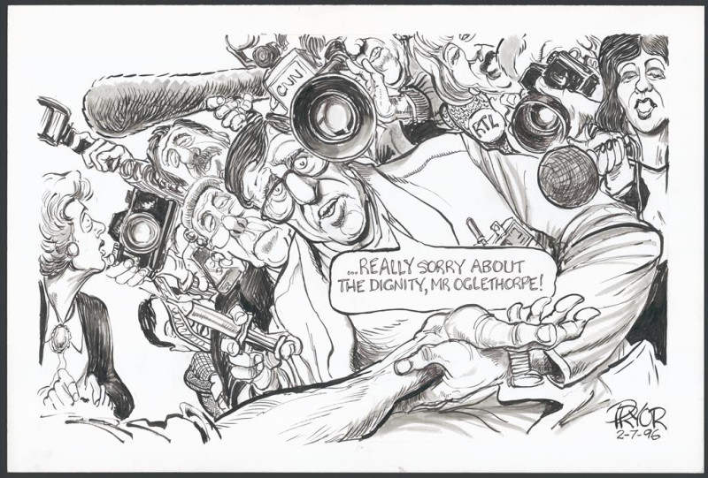 A cartoon of a doctor performing euthanasia on a patient. The doctor is surrounded on all sides by people holding cameras and microphones. The doctor has a speech bubble that says "Really sorry about the dignity, Mr Oglethorpe!"