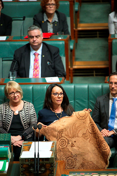 A woman holds a cloak made of kangaroo skin with an image of a cockatoo. She is standing and giving a speech in a green room. People in suits sit and watch