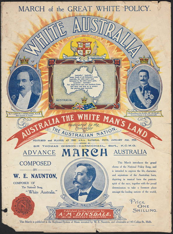 The cover of an old musical composition called White Australia: March of the Great White Policy by W E Naunton.