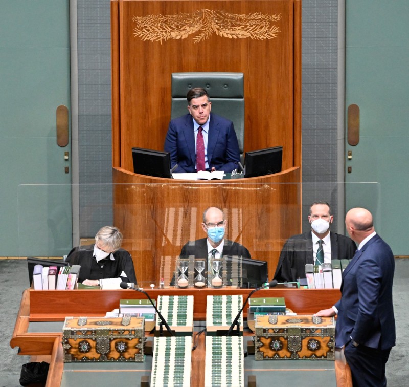 The Speaker of the House of Representatives in the Speaker's chair. There is a carving of leaves in the wood behind him.