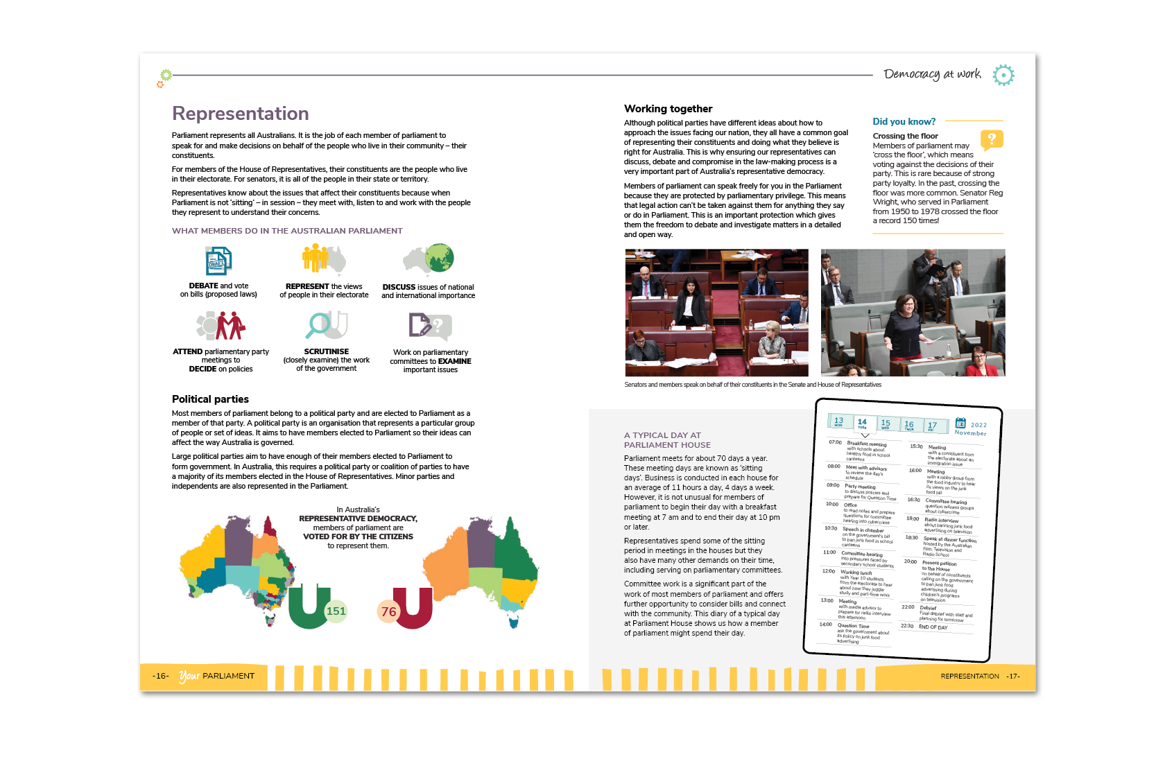 Sample pages from the PEO's Your Parliament. The sample pages are about representation.